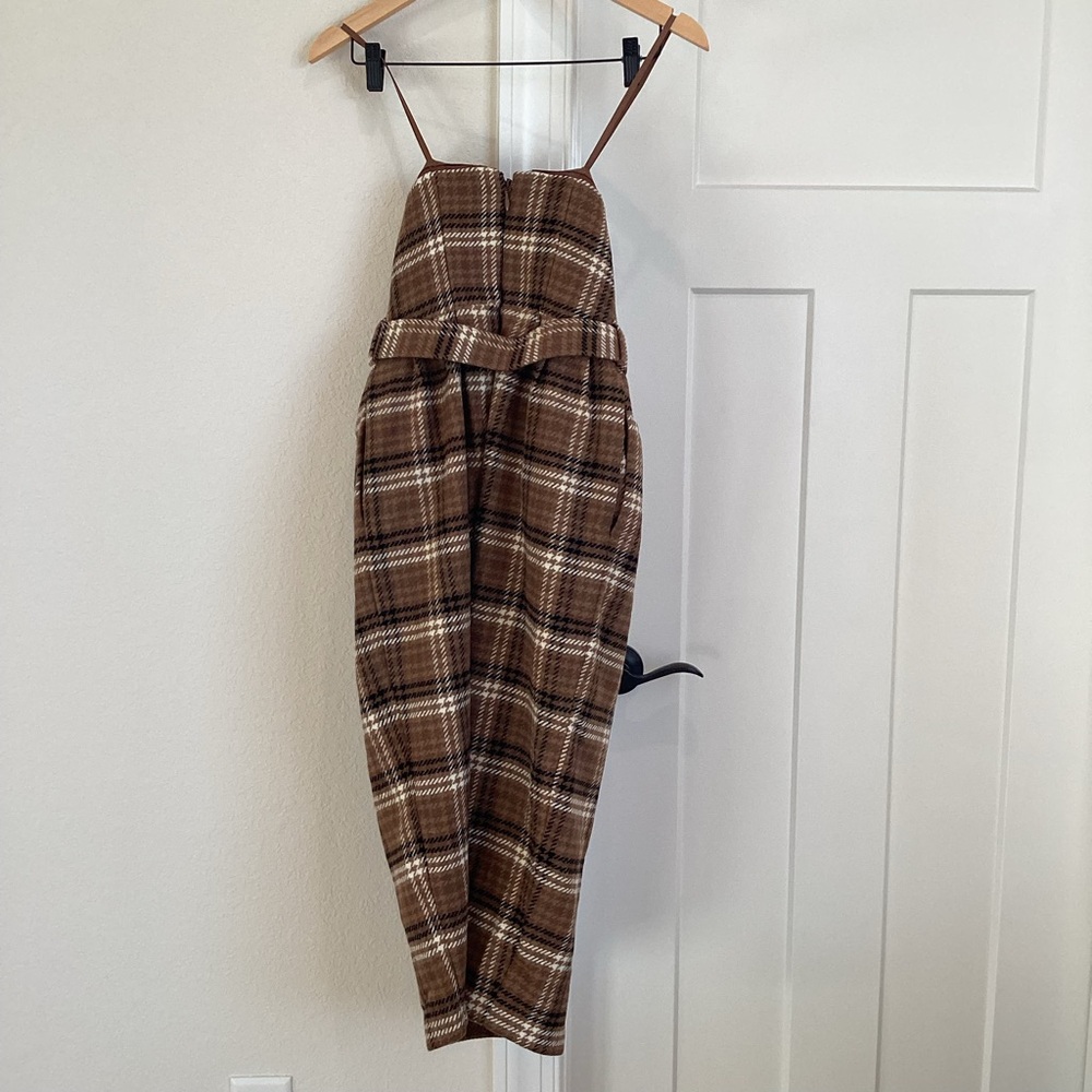 Anthropologie Strapless Belted Midi Dress New Plaid Brown Wool Size 2 - Picture 14 of 16